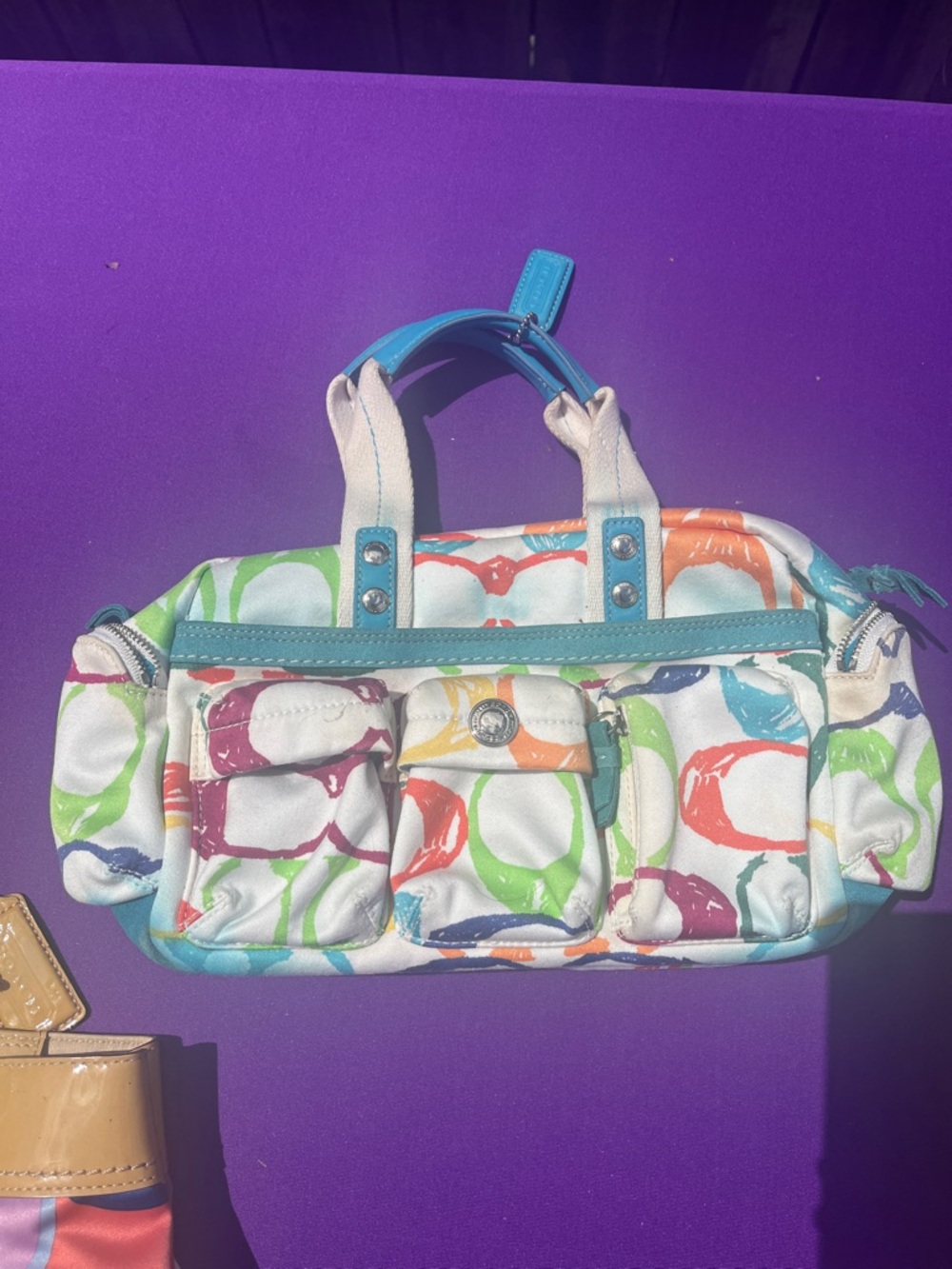 Coach Multicolor Circle Print Satchel with Turquoise Trim